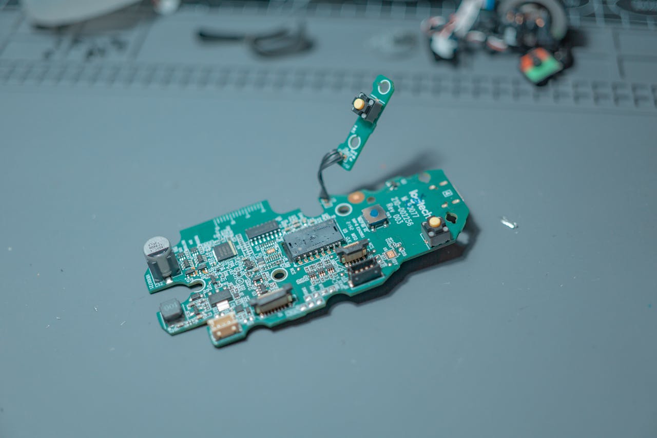 Detailed close-up of a circuit board showcasing intricate electronic components and wiring.